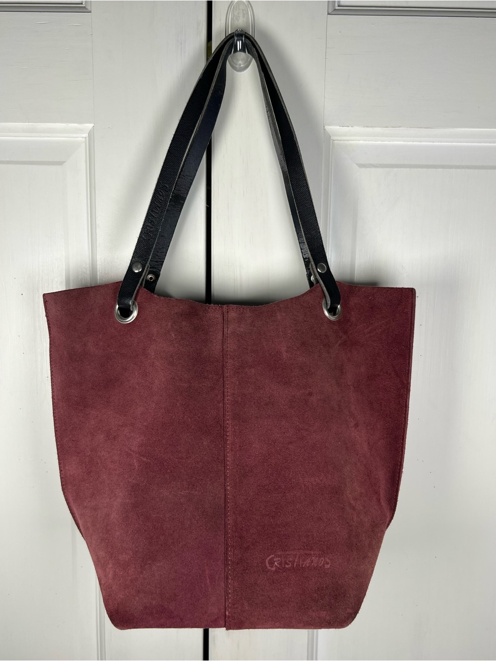 Cristianos Purple Suede Tote Bag Black Leather Straps Shoulder Bag